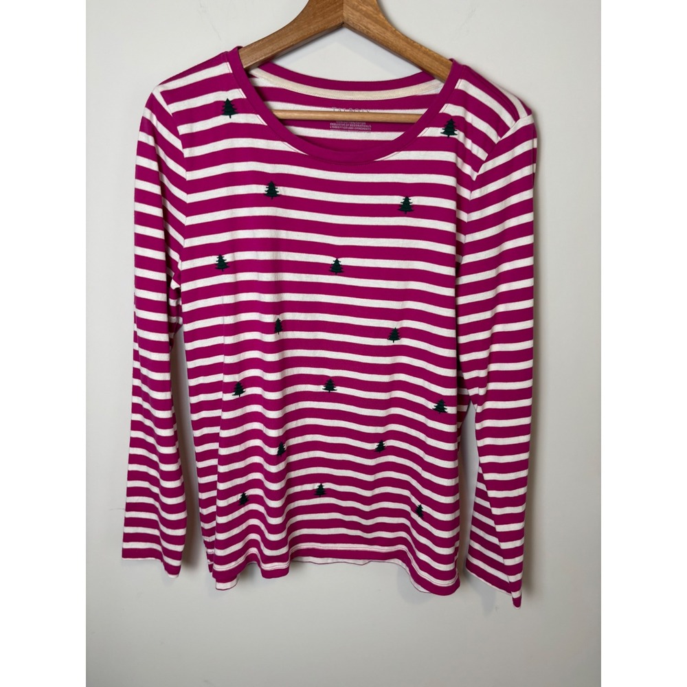 Talbots Womens Pink White Striped Christmas Tree Embroidered Cotton Top Large